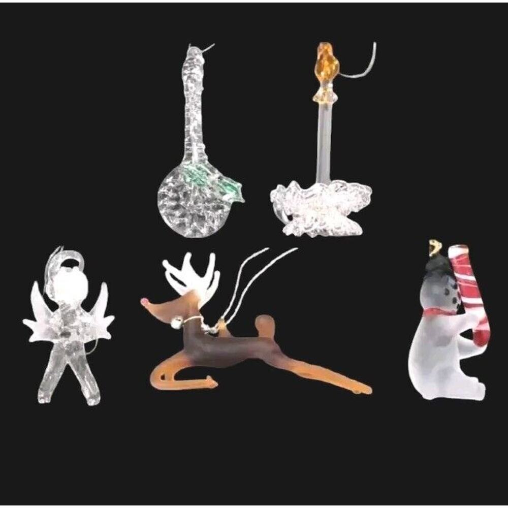 VTG Christmas Ornaments 5 pc Spun Frosted Glass Angel Deer Snowman‎ Candle Banjo